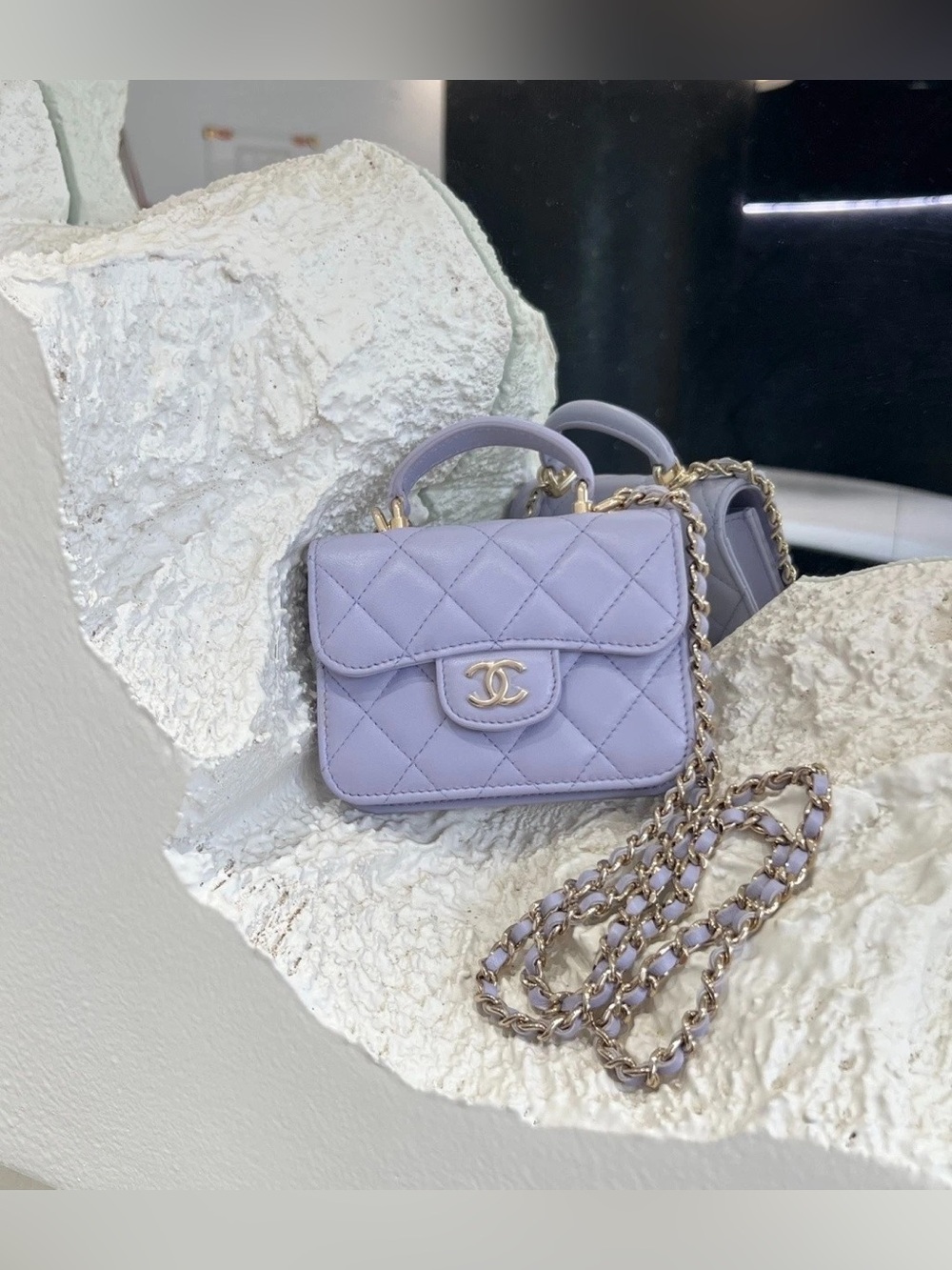 Chanel Mini Top Handle Chain Light Purple Lambskin Leather Crossbody Flap Bag
